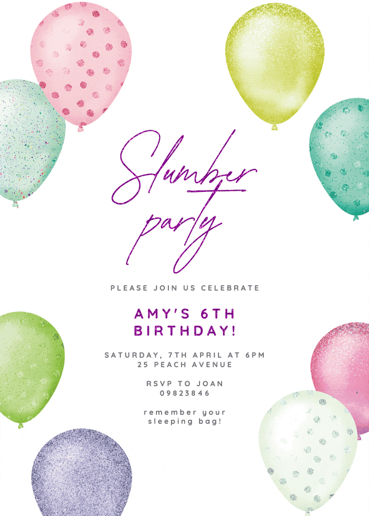 Foil & glitter balloons - sleepover party invitation